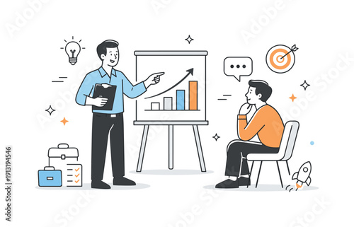 Entrepreneurial Growth Coaching. Business coaching and mentoring for entrepreneurs. A coach pointing at a simple growth chart while an entrepreneur listens