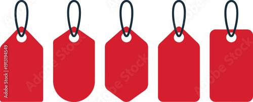 Five uniquely shaped red shopping tags with black loops are presented against a simple white background for labeling