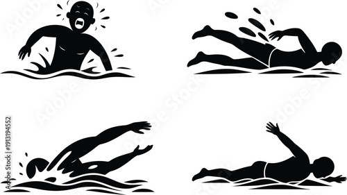 Four black silhouette icons show a person in distress and various swimming techniques in motion