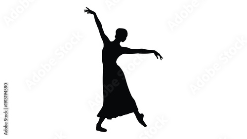 Silhouette of a dancer in a flowing dress performing a graceful pose isolated on white background, Vector