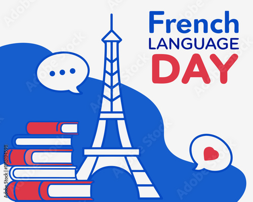 French Language Day illustration with Eiffel Tower books and speech bubbles