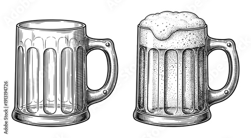 Beer mug set with empty glass and full mug with foam