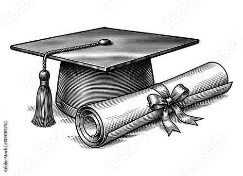 Graduation cap and diploma scroll with ribbon