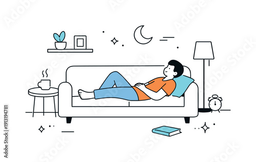 Evening Boredom Realism. Everyday boredom realism. Evening room with muted colors, a single figure lying or sitting idly, calm atmosphere and minimal