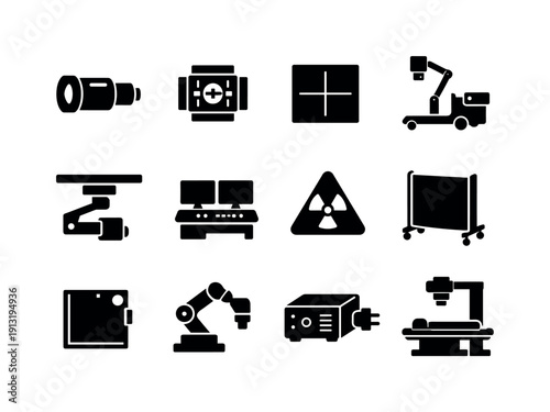 Radiology equipment. Solid icon set of radiology equipment: x-ray tube, collimator device, imaging panel, mobile x-ray unit, ceiling mounted