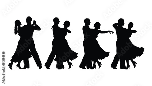Silhouettes of dancers performing various styles of ballroom dance isolated on white background, Vector