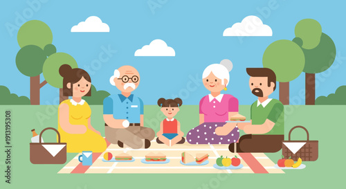 Family Picnic Scene with Elderly People.