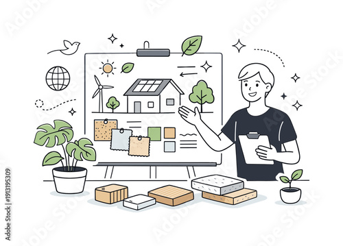 Inspirational design with ecology materials trend. A designer presenting an eco-inspired concept board with plants and material samples. The