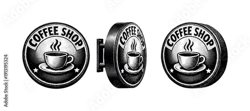 Coffee shop signboard logo. A realistic coffee shop signboard logo shown as a single object from three different angles: front view, side