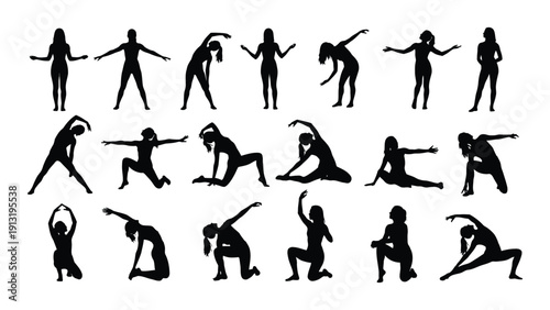 A collection of diverse yoga poses illustrated in black and white isolated on white background, Vector