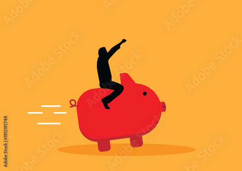 Silhouette of Business Man Riding a Piggy Bank. Finances and earning income vector art, success at work
