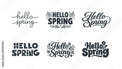 Hello spring banner. Set lettering. harmonious lettering variations of the same emblematic concept, each with different artistic