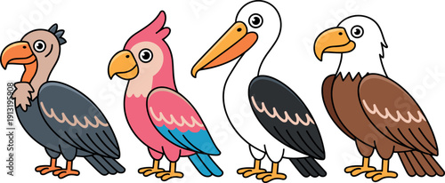 Cartoon Bird Characters Collection Vulture Parrot Pelican Eagle Vector Illustration Set