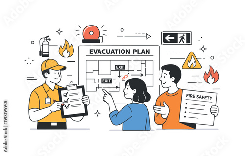 Fire prevention procedures. Team reviewing safety instructions and evacuation plans, focused preparation and coordination. Checklists, maps,