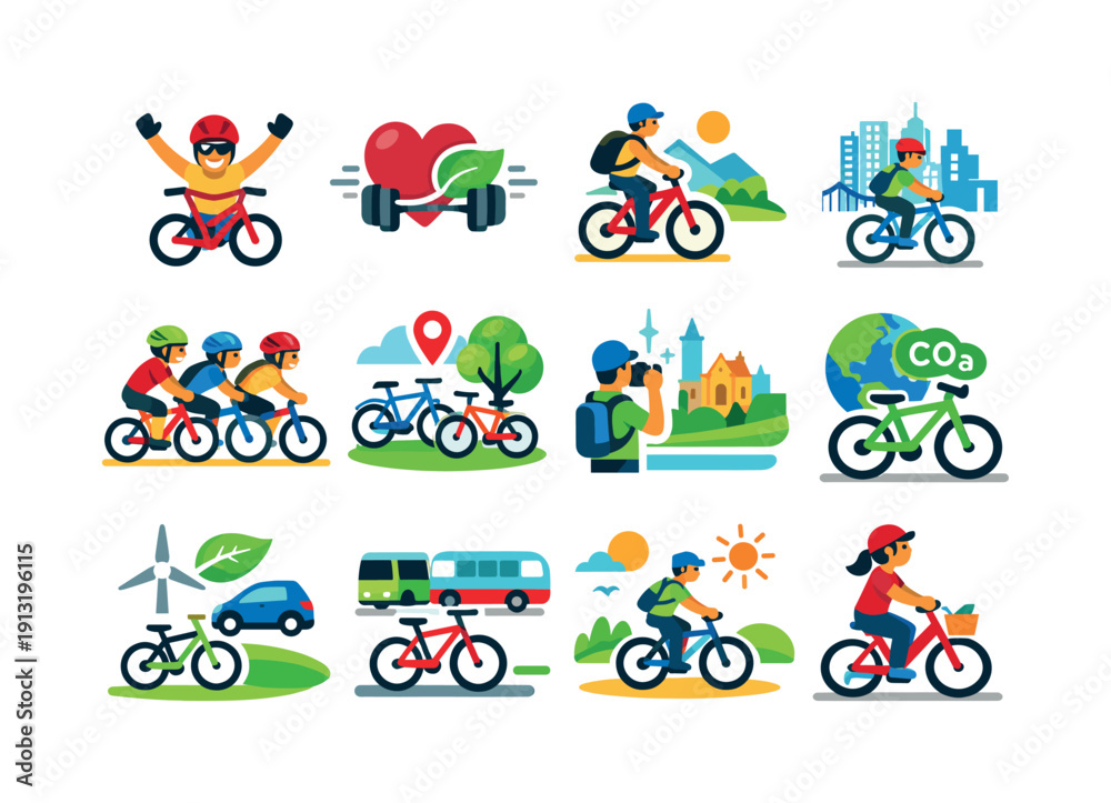 Fototapeta premium Cycling lifestyle. Colorful flat vector icons set of cycling lifestyle: joyful cyclist, active living icon, healthy habit, urban adventure,
