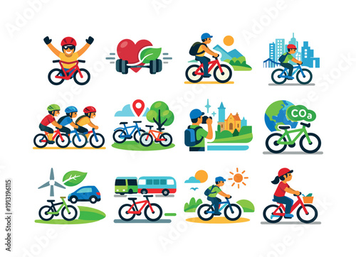 Cycling lifestyle. Colorful flat vector icons set of cycling lifestyle: joyful cyclist, active living icon, healthy habit, urban adventure,