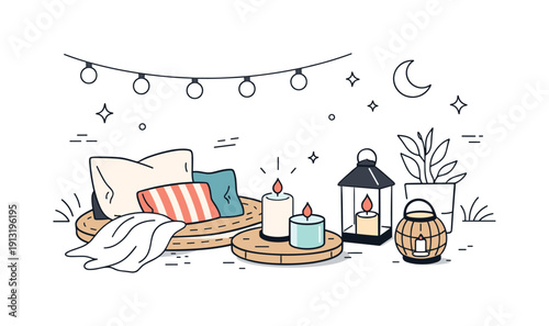 Summer evening decor. Soft outdoor setting with candles, lanterns, and light textiles arranged for a calm summer evening. The scene feels