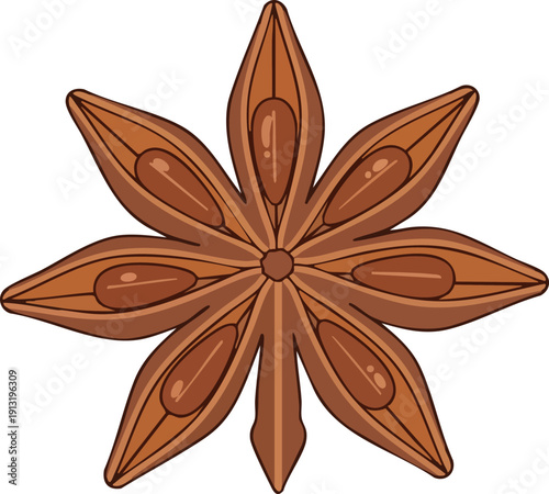 A close-up illustration of a star anise spice, showcasing its intricate seed pattern and unique eight-pointed star shape, perfect for culinary and health-related content