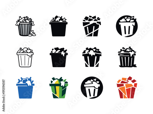 Dirty. Icon set. Set Logo of Dirty: overflowing trash bin. harmonious logo variations of the same emblematic concept, each with different