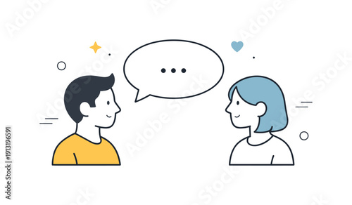 Minimal meaningful conversation illustration. Two simple characters facing each other with a single shared speech bubble between them,