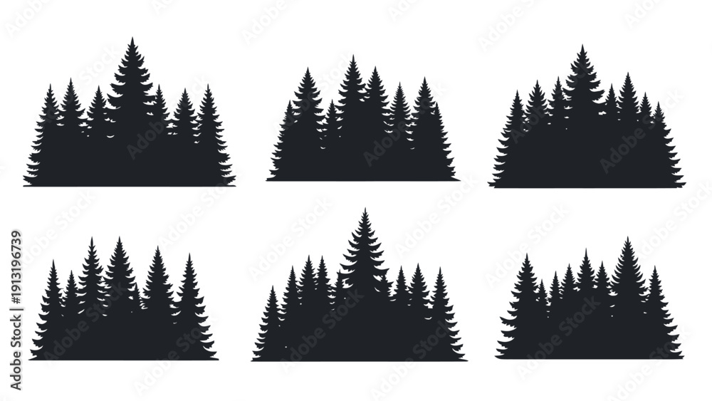 Obraz premium Black silhouettes of pine tree group.