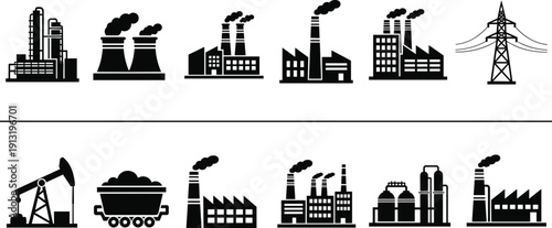 Industrial factory and power plant icons set, oil pump, refinery, coal mining and electricity tower silhouettes, heavy industry vector collection isolated on white background