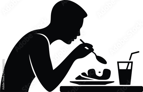 Minimalist black silhouette of a person eating a single portion meal with a spoon and drink