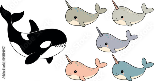 Cute cartoon killer whale and narwhal vector collection with various colorful whales for children ocean animal designs.