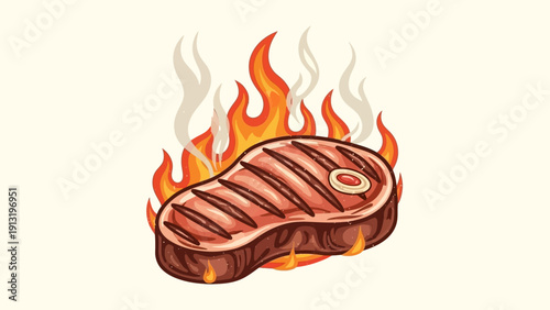 Grilled Steak on Fire Flame.