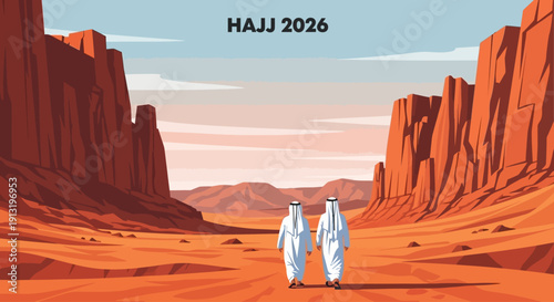 Two figures in white robes walking through the desert landscape surrounded by rocky cliffs at sunrise