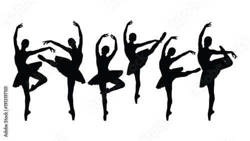 Graceful ballet dancers performing in a synchronized routine on stage isolated on white background, Vector