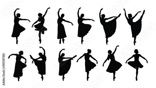 Group of ballerinas in various dance poses in black and white silhouette style isolated on white background, Vector