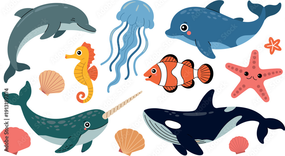 Εκτύπωση καμβά Cute cartoon marine life vector collection with dolphins narwhal orca clownfish seahorse jellyfish and starfish for nursery decor