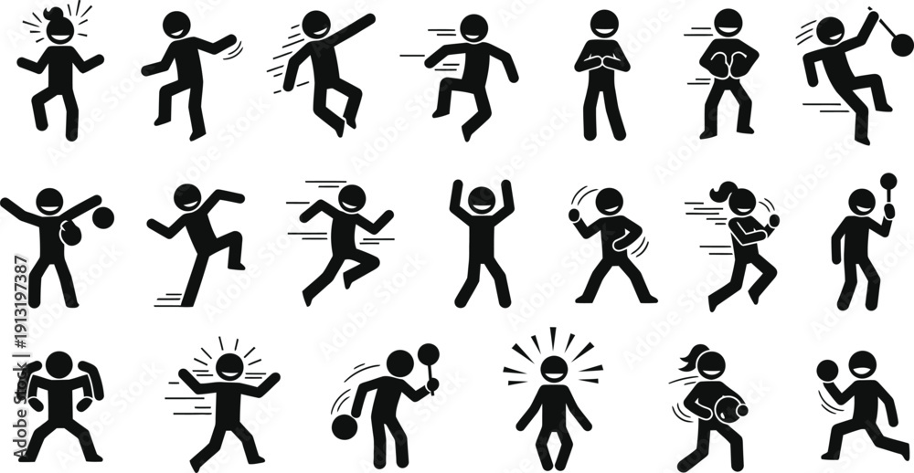 Fototapeta premium Collection of stick figures in various dynamic poses and actions