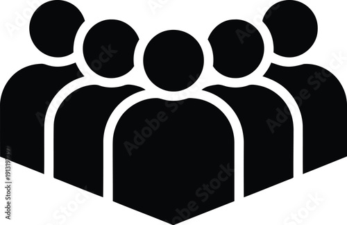 Rounded black silhouette graphic showing a group of five individuals collaborating effectively