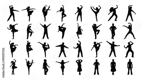 A diverse collection of silhouettes showcasing various dance poses and movements isolated on white background, Vector