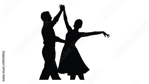 Silhouette of a couple dancing gracefully in a ballroom setting isolated on white background, Vector