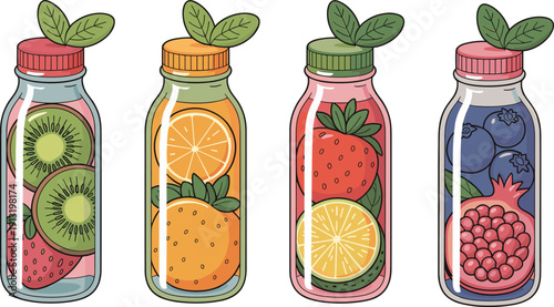 fruit infused bottles, detox water, kiwi orange strawberry, blueberry pomegranate, vitamin drink, healthy beverage, glass packaging