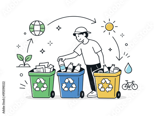Recycling in Action. Why recycling is important. A calm editorial scene showing a person placing materials into recycling bins, with circular arrows and eco