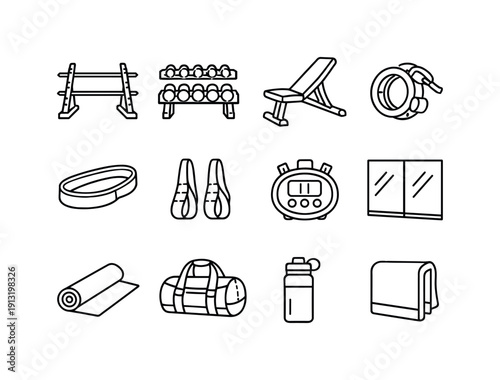 Weightlifting equipment. Line icon set of weightlifting equipment: barbell rack, dumbbell rack, adjustable bench, weight collar, resistance