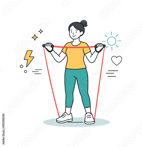 Physical activity and energy. A character lifting light weights or exercising with resistance bands, relaxed posture and steady rhythm. Clean