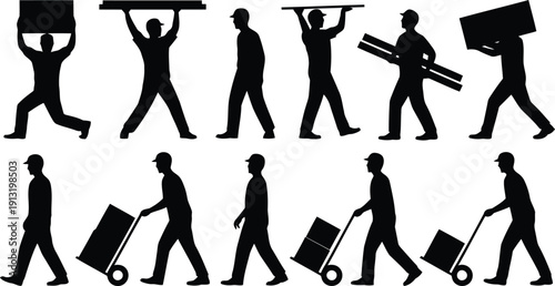 Silhouettes of men performing various heavy lifting and transportation tasks with materials