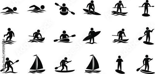 Silhouette icons of people engaging in various water sports activities