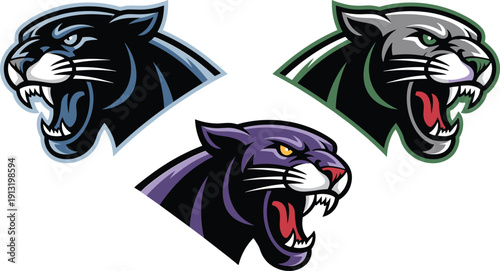 Roaring panther mascot collection, aggressive wild cat head logos in bold vector style isolated on white background