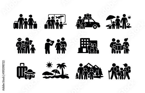 Family vacation. Solid icon set of Family vacation: family travel, parents with kids luggage, family at airport, road trip family car, beach