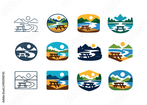Picnicking by the river with a scenic view. Icon set. Set Logo of Picnicking by the river with a scenic view: picnic table overlooking river.