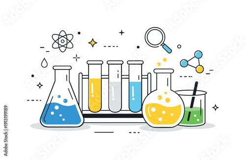 Laboratory glassware. An abstract composition of flasks, beakers, and test tubes arranged harmoniously, symbolizing research and discovery.