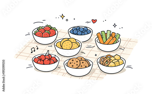 Summer picnic food snacks. Small bowls with berries, cookies, and light snacks placed on a picnic blanket. The illustration highlights