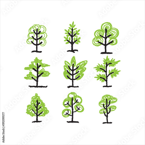Hand Drawn Crayon Style Tree Set, Cute Green Doodle Trees Collection, Kids Illustration Nature Elements, Sketch Forest Icons Isolated on White Background