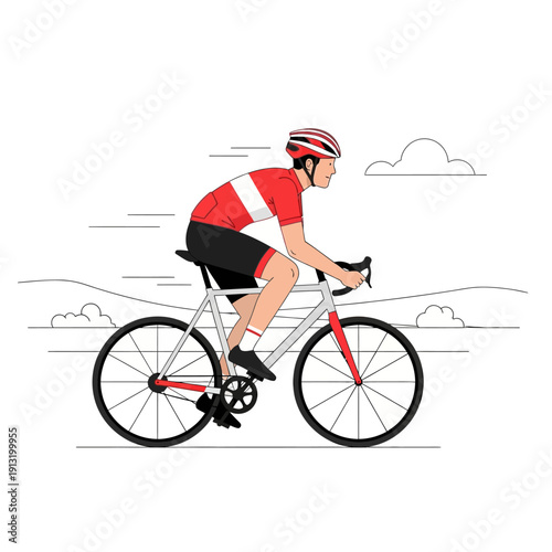 Cyclist Riding Bicycle on Road with Hills and Clouds - Flat Design Vector